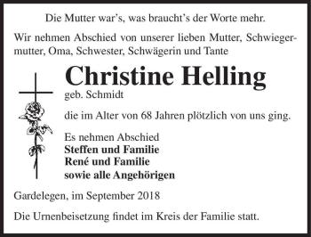 Traueranzeige von Christine Helling (geb. Schmidt)  von Magdeburger Volksstimme
