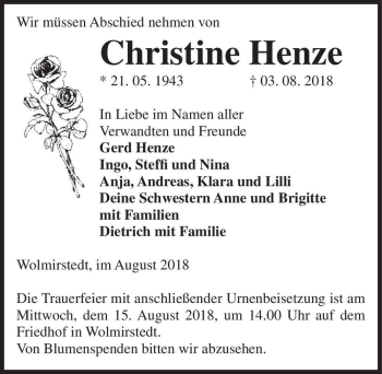 Traueranzeige von Christine Henze  von Magdeburger Volksstimme