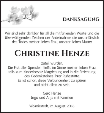 Traueranzeige von Christine Henze  von Magdeburger Volksstimme