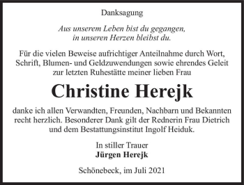 Traueranzeige von Christine Herejk  von Magdeburger Volksstimme