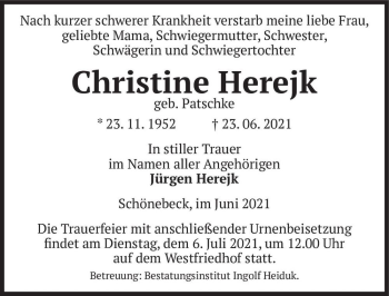 Traueranzeige von Christine Herejk (geb. Patschke)  von Magdeburger Volksstimme