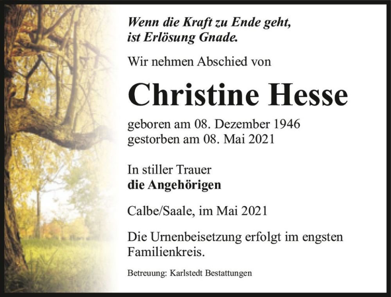  Traueranzeige für Christine Hesse  vom 15.05.2021 aus Magdeburger Volksstimme