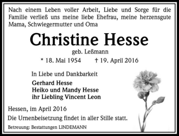Traueranzeige von Christine Hesse (geb. Leßmann)  von Magdeburger Volksstimme