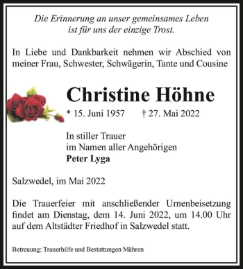Traueranzeige von Christine Höhne  von Magdeburger Volksstimme