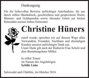 Traueranzeige von Christine Hüners  von Magdeburger Volksstimme