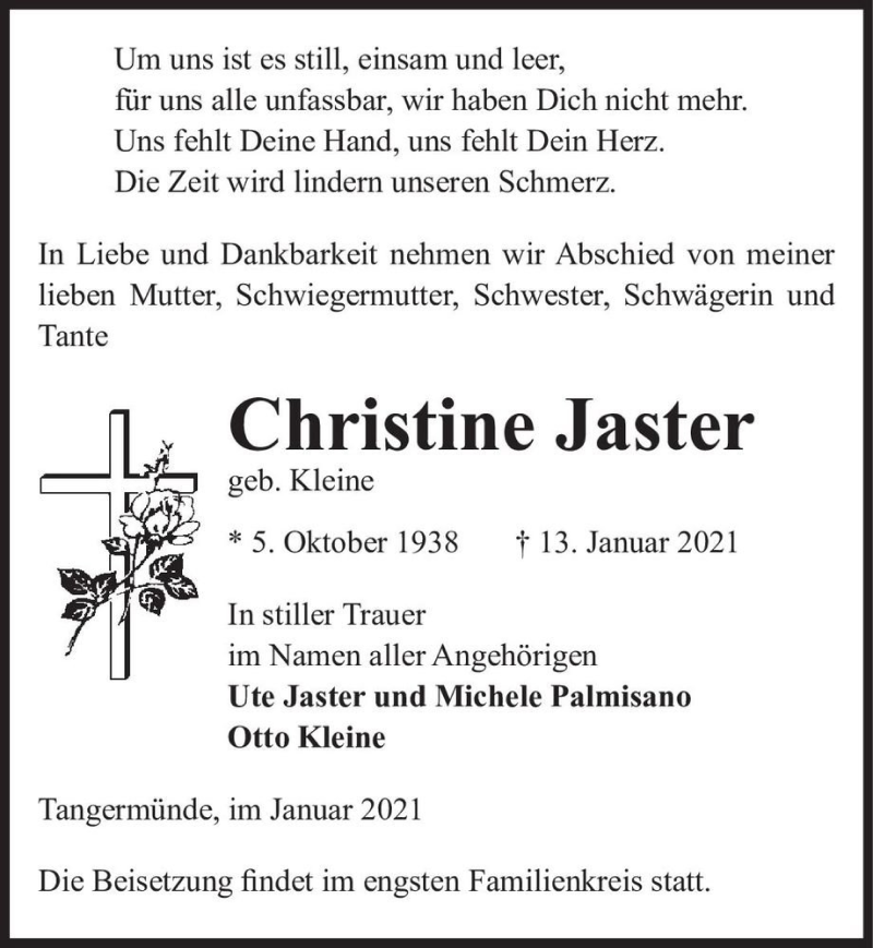  Traueranzeige für Christine Jaster (geb. Kleine)  vom 16.01.2021 aus Magdeburger Volksstimme