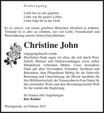 Traueranzeige von Christine John  von Magdeburger Volksstimme