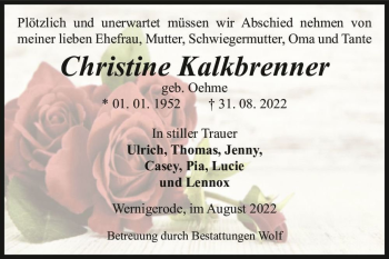 Traueranzeige von Christine Kalkbrenner (geb. Oehme)  von Magdeburger Volksstimme