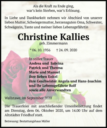 Traueranzeige von Christine Kallies (geb. Zimmermann)  von Magdeburger Volksstimme