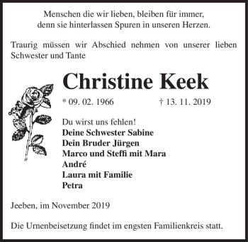 Traueranzeige von Christine Keek  von Magdeburger Volksstimme
