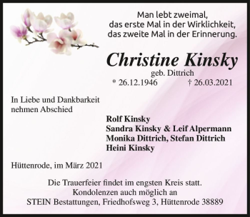 Traueranzeige von Christine Kinsky (geb. Dittrich)  von Magdeburger Volksstimme