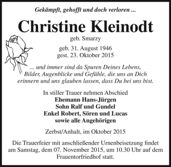 Traueranzeige von Christine Kleinodt (geb. Smarzy)  von Magdeburger Volksstimme