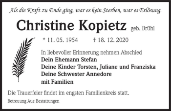Traueranzeige von Christine Kopietz (geb. Brühl)  von Magdeburger Volksstimme