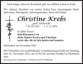 Traueranzeige von Christine Krebs (geb. Denecke)  von Magdeburger Volksstimme