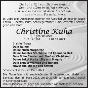 Traueranzeige von Christine Kuha (geb. Brünsch)  von Magdeburger Volksstimme