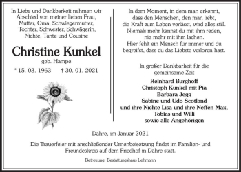 Traueranzeige von Christine Kunkel (geb. Hampe)  von Magdeburger Volksstimme