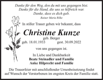 Traueranzeige von Christine Kunze (geb. Berger)  von Magdeburger Volksstimme