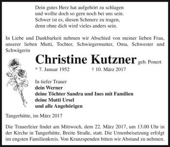 Traueranzeige von Christine Kutzner (geb. Ponert)  von Magdeburger Volksstimme