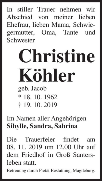 Traueranzeige von Christine Köhler (geb. Jacob)  von Magdeburger Volksstimme