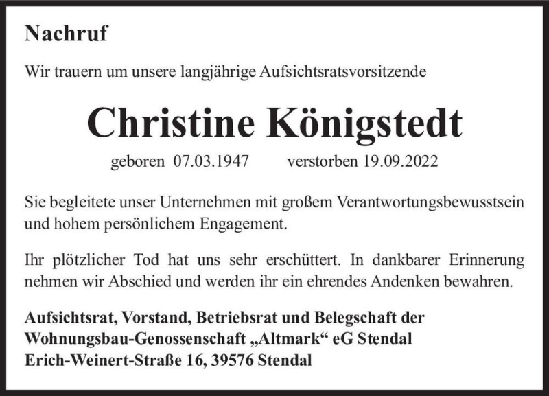  Traueranzeige für Christine Königstedt  vom 08.10.2022 aus Magdeburger Volksstimme