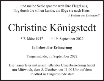 Traueranzeige von Christine Königstedt  von Magdeburger Volksstimme