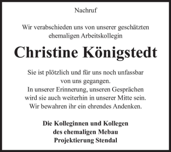 Traueranzeige von Christine Königstedt  von Magdeburger Volksstimme