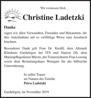 Traueranzeige von Christine Ladetzki  von Magdeburger Volksstimme