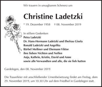 Traueranzeige von Christine Ladetzki  von Magdeburger Volksstimme