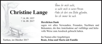 Traueranzeige von Christine Lange  von Magdeburger Volksstimme