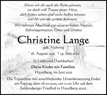 Traueranzeige von Christine Lange (geb. Nehring)  von Magdeburger Volksstimme