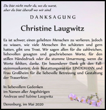 Traueranzeige von Christine Laugwitz  von Magdeburger Volksstimme