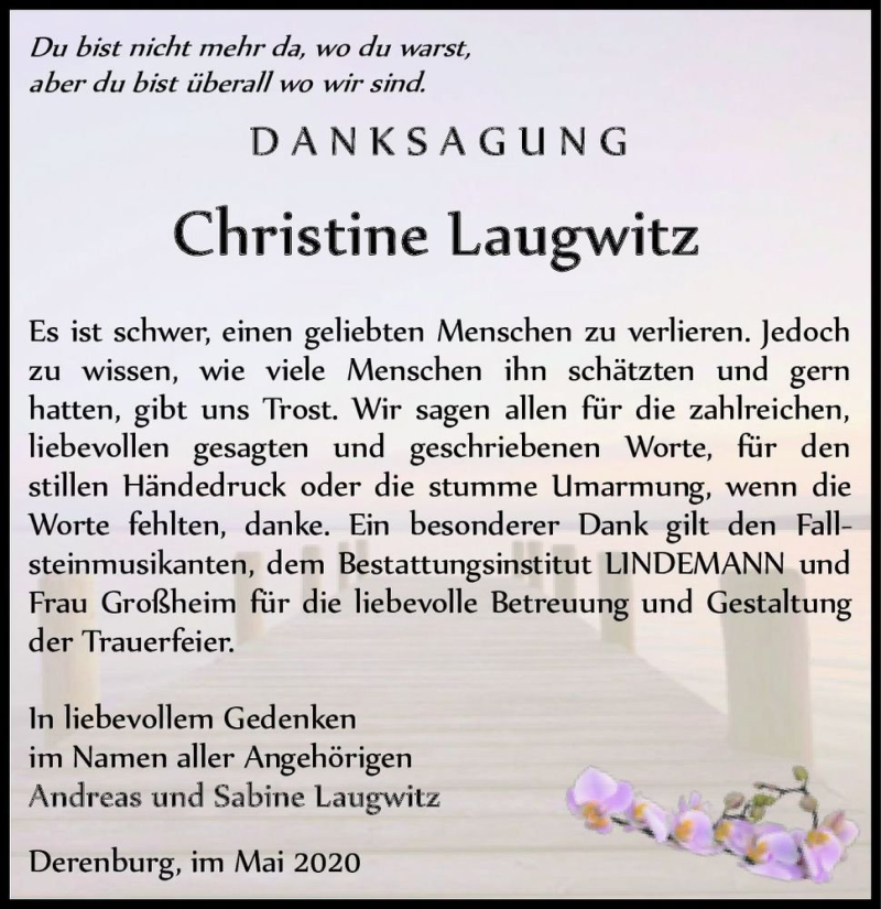  Traueranzeige für Christine Laugwitz  vom 06.06.2020 aus Magdeburger Volksstimme