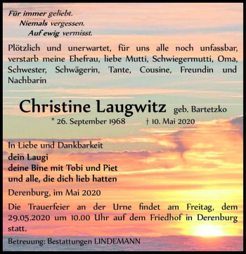 Traueranzeige von Christine Laugwitz (geb. Bartetzko)  von Magdeburger Volksstimme