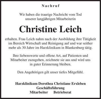 Traueranzeige von Christine Leich  von Magdeburger Volksstimme