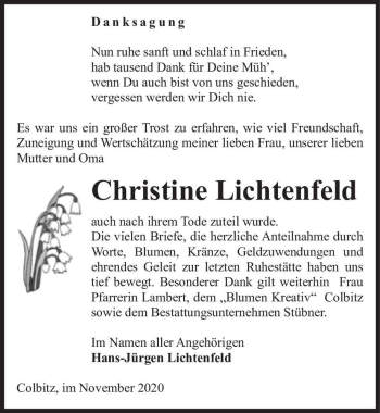 Traueranzeige von Christine Lichtenfeld  von Magdeburger Volksstimme