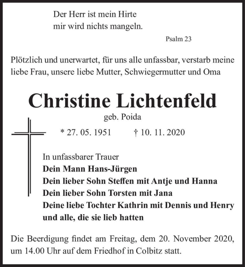  Traueranzeige für Christine Lichtenfeld (geb. Poida)  vom 17.11.2020 aus Magdeburger Volksstimme