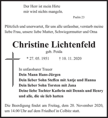 Traueranzeige von Christine Lichtenfeld (geb. Poida)  von Magdeburger Volksstimme