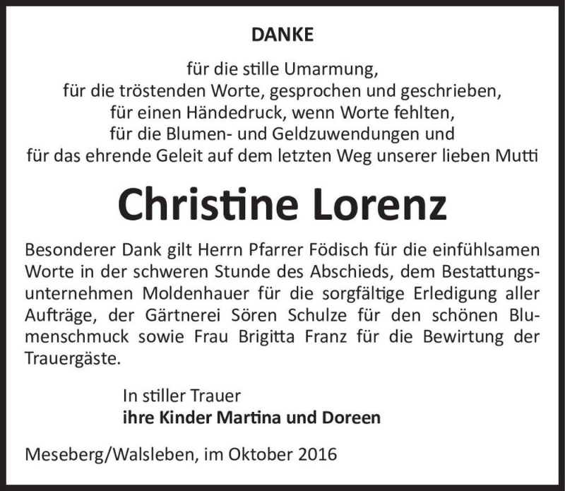  Traueranzeige für Christine Lorenz  vom 29.10.2016 aus Magdeburger Volksstimme