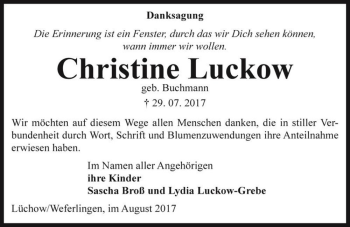Traueranzeige von Christine Luckow (geb. Buchmann)  von Magdeburger Volksstimme