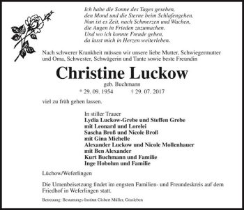 Traueranzeige von Christine Luckow (geb. Buchmann)  von Magdeburger Volksstimme