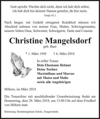 Traueranzeige von Christine Mangelsdorf (geb. Baer)  von Magdeburger Volksstimme