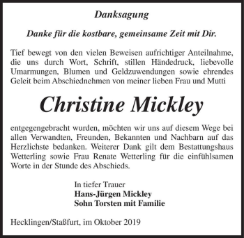 Traueranzeige von Christine Mickley  von Magdeburger Volksstimme