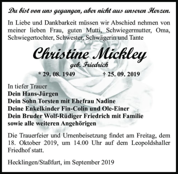 Traueranzeige von Christine Mieckley (geb. Friedrich)  von Magdeburger Volksstimme