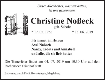 Traueranzeige von Christine Noßeck (geb. Scholz)  von Magdeburger Volksstimme