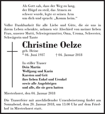 Traueranzeige von Christine Oelze (geb. Heine)  von Magdeburger Volksstimme
