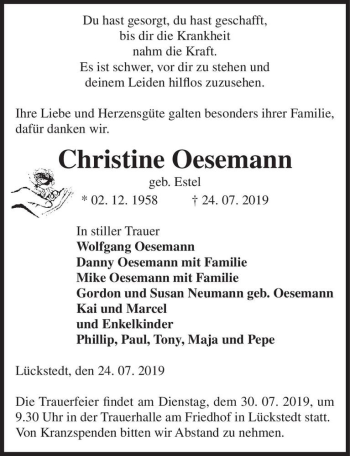 Traueranzeige von Christine Oesemann (geb. Estel)  von Magdeburger Volksstimme