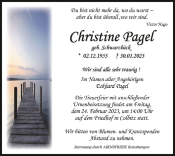 Traueranzeige von Christine Pagel (geb. Schwarzbäck)  von Magdeburger Volksstimme