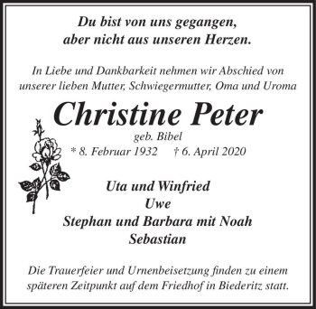 Traueranzeige von Christine Peter (geb. Bibel)  von Magdeburger Volksstimme