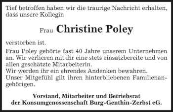 Traueranzeige von Christine Poley  von Magdeburger Volksstimme