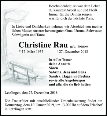 Traueranzeige von Christine Rau (geb. Tornow)  von Magdeburger Volksstimme